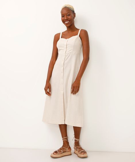 vestido midi com linho botões bege