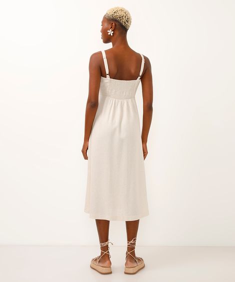 vestido midi com linho botões bege
