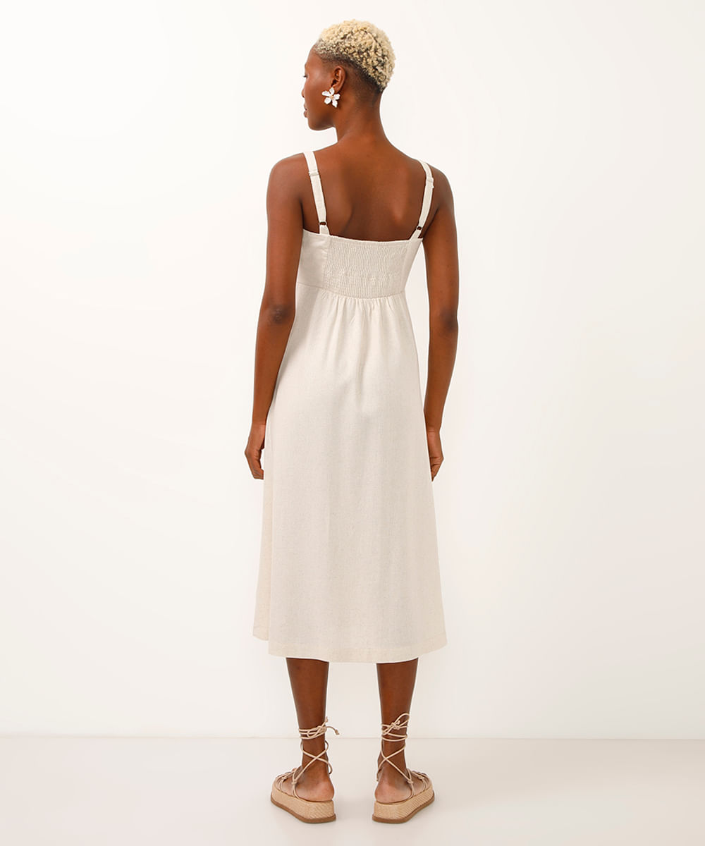 vestido midi com linho botões bege