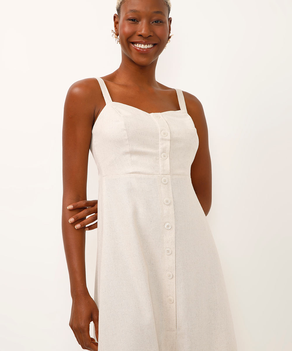 vestido midi com linho botões bege