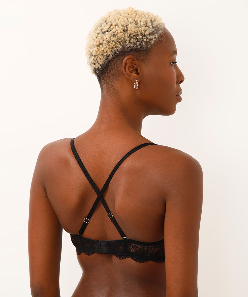 sutiã meia taça com bojo de tule poá rendado preto