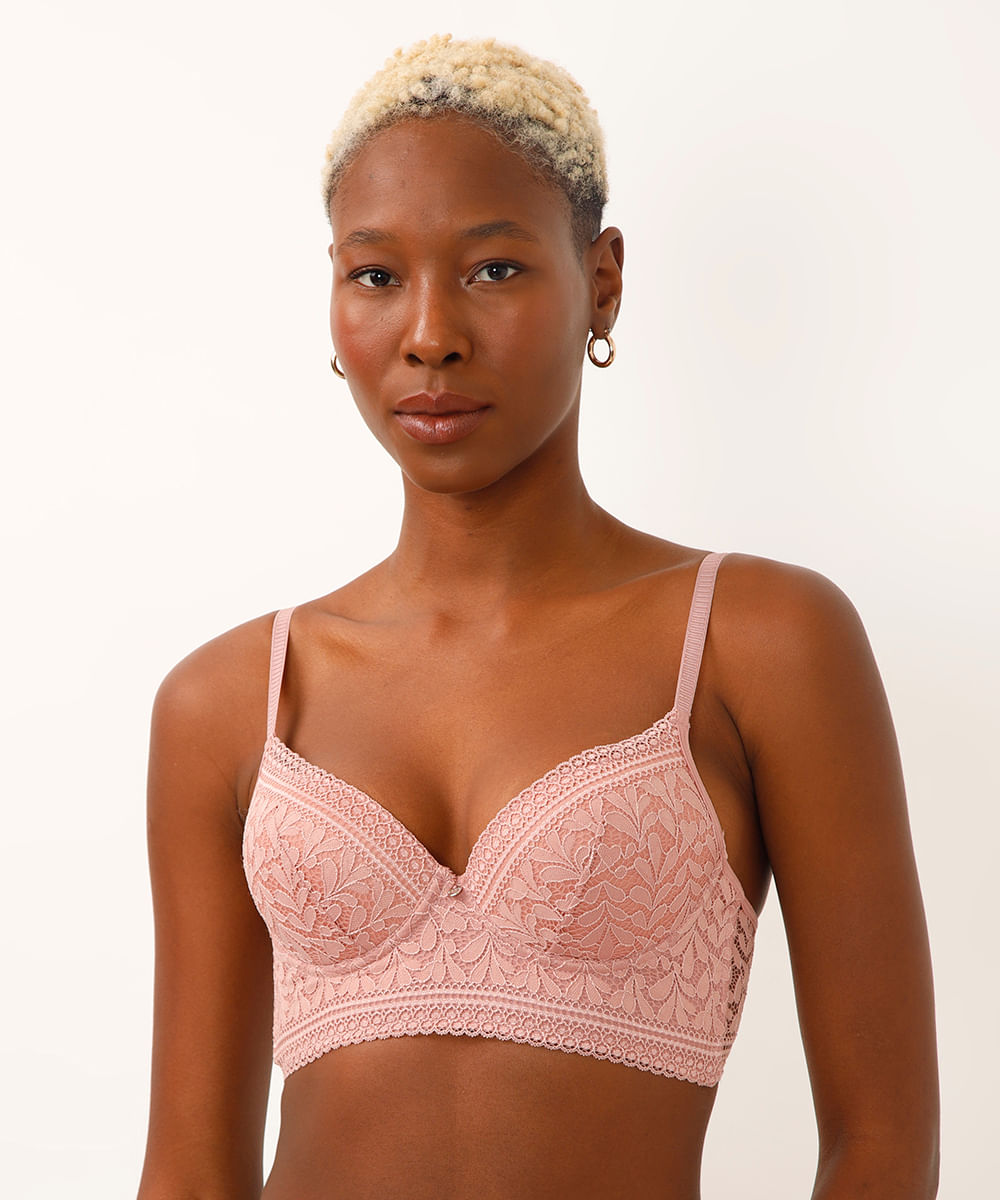 sutiã meia taça alongado de renda floral rosa