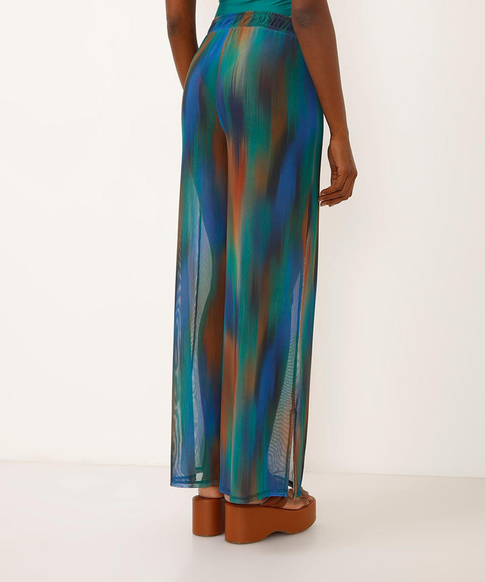 calça saída de praia tule com fenda azul