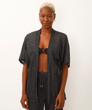 kimono saída de praia de tela com lurex preto