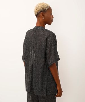 kimono saída de praia de tela com lurex preto