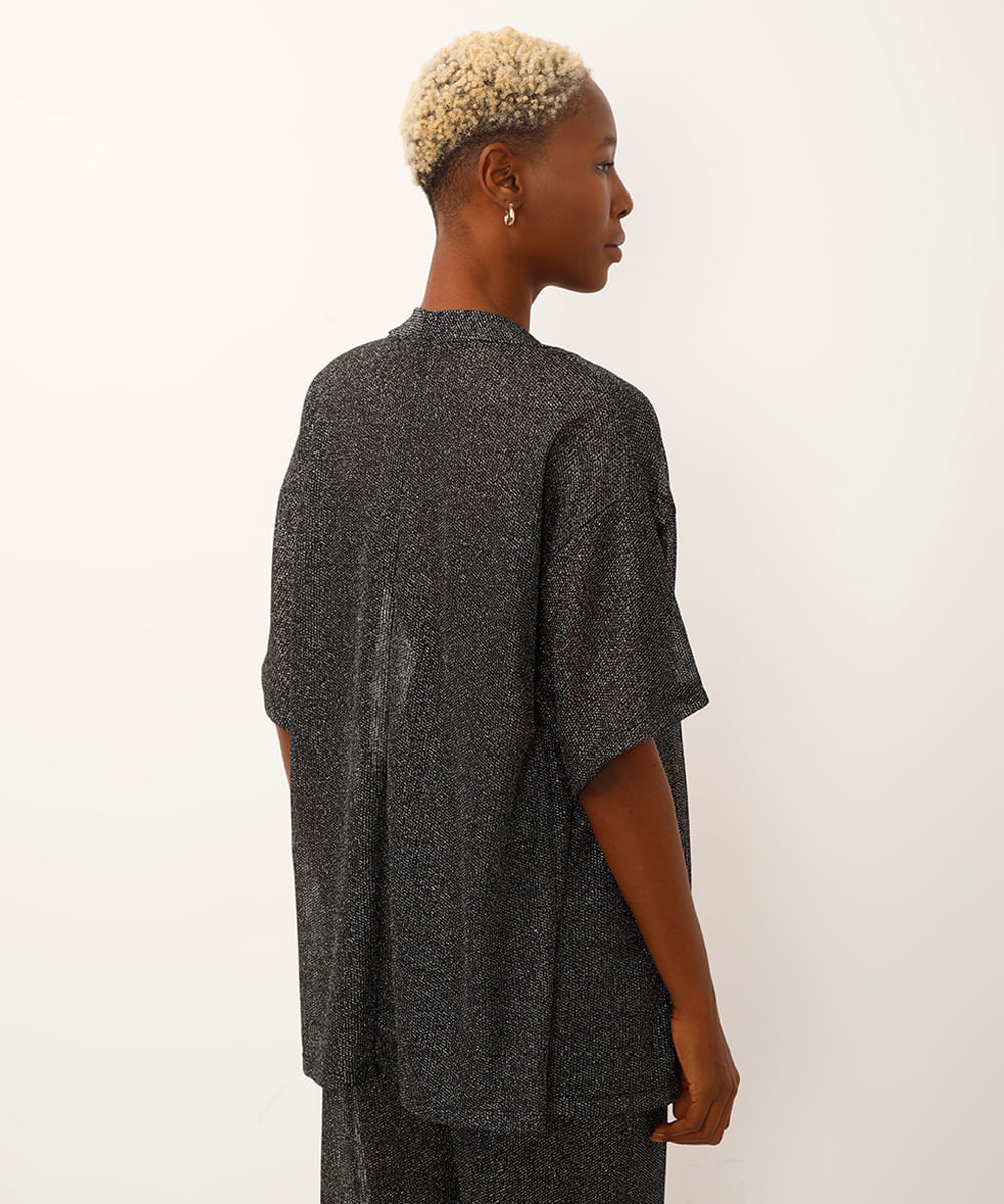 kimono saída de praia de tela com lurex preto