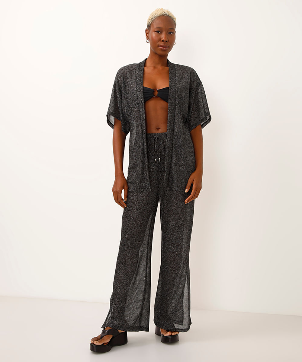 kimono saída de praia de tela com lurex preto
