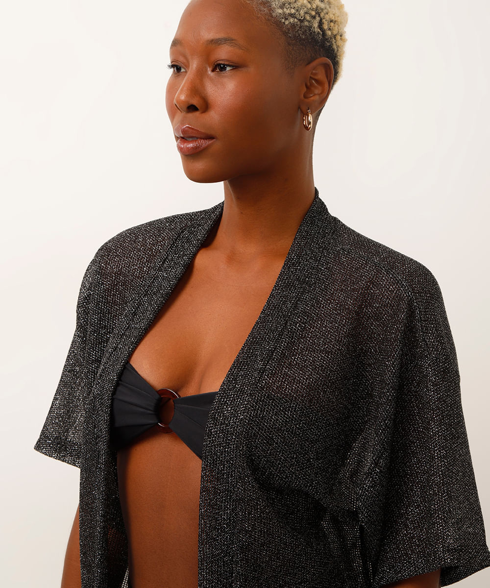 kimono saída de praia de tela com lurex preto