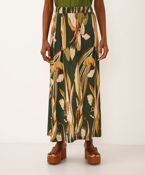 saia midi plissada folhagem e arabesco verde
