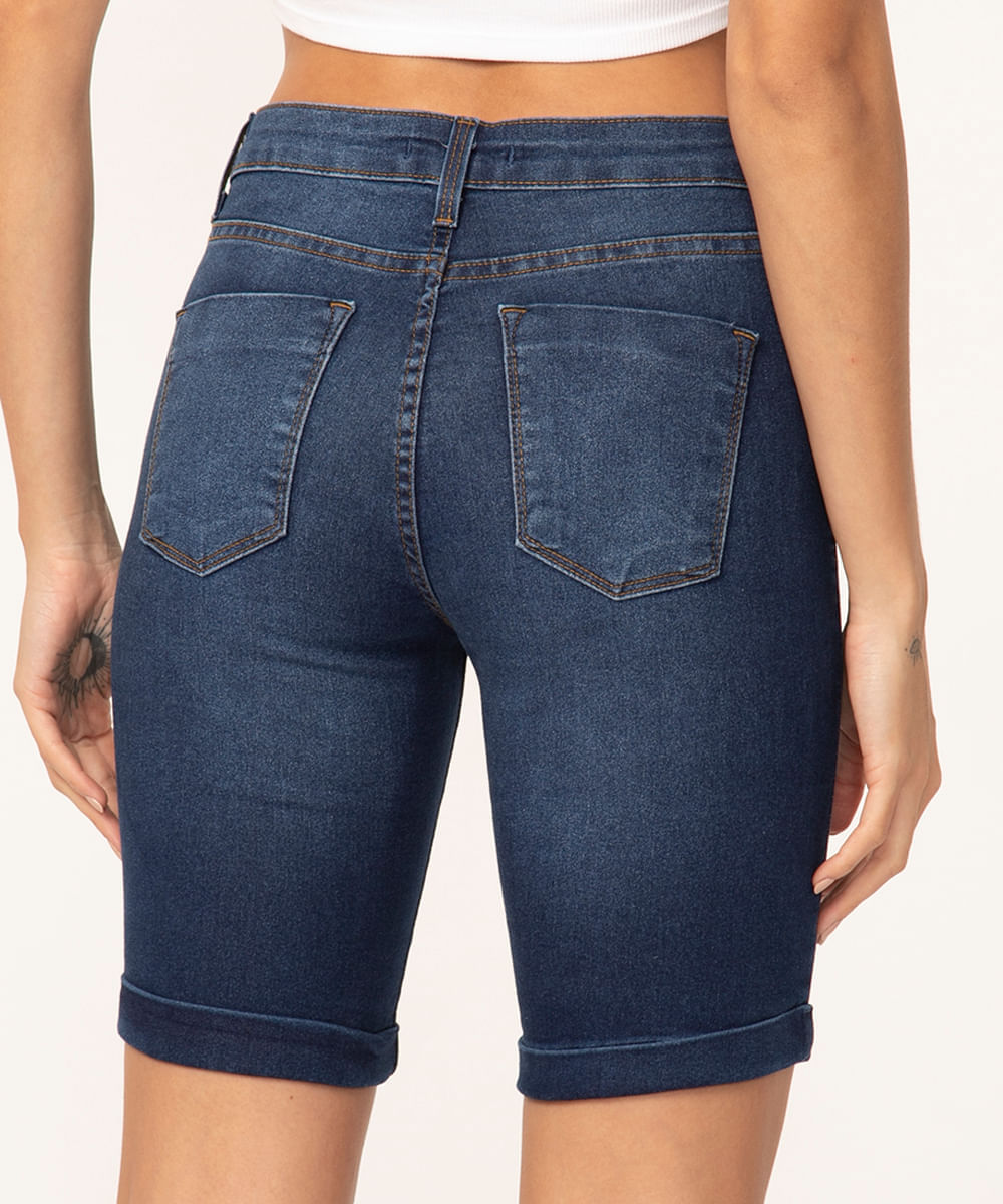 bermuda jeans ciclista cintura média azul escuro