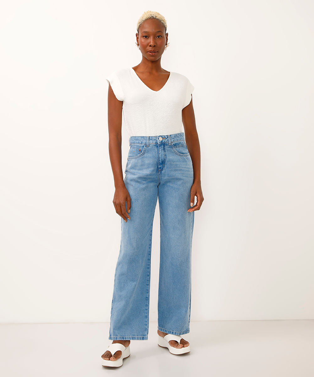 calça wide leg jeans cintura alta azul