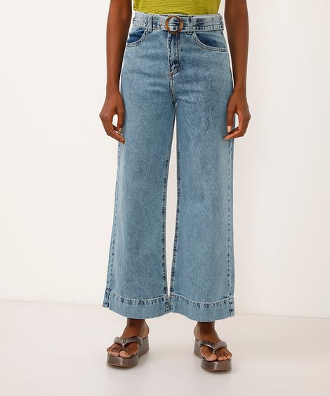 calça wide leg cropped jeans cintura alta com cinto azul