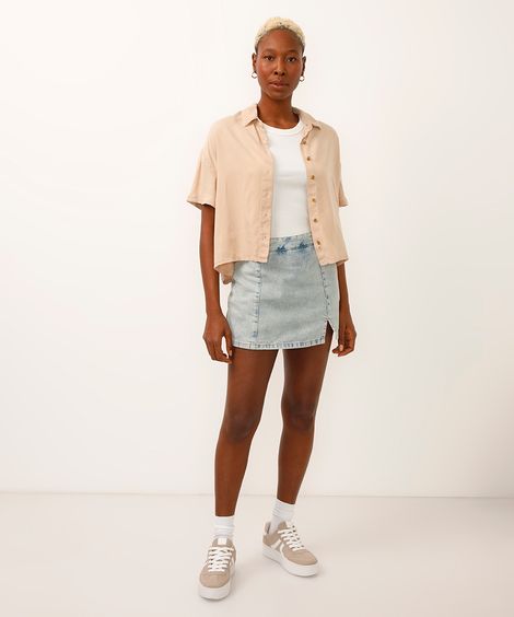 short saia jeans cintura alta com fenda azul