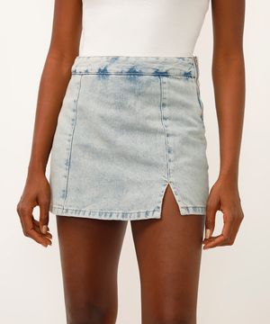 short saia jeans cintura alta com fenda azul