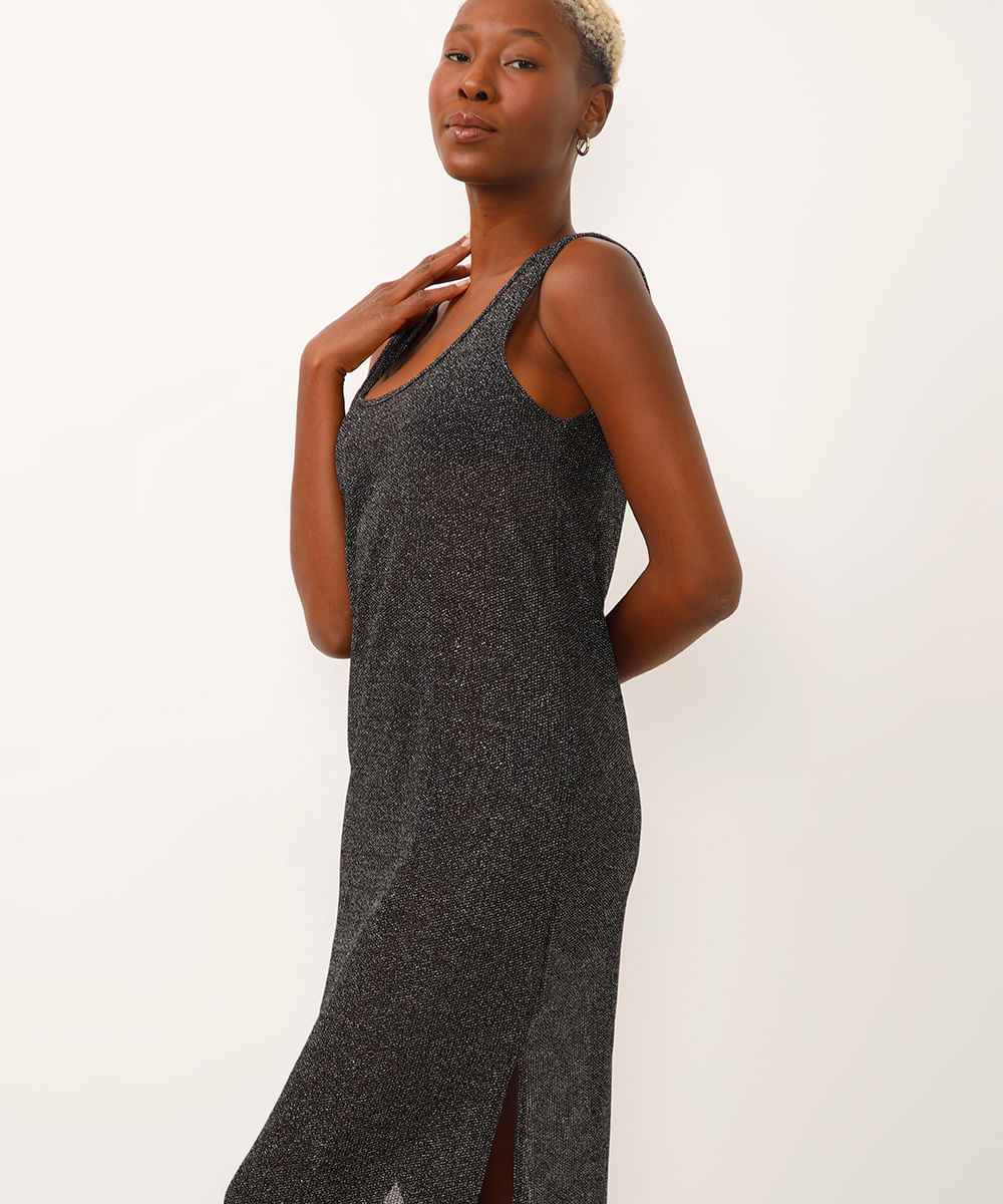 vestido regata saída de praia de tela com lurex preto