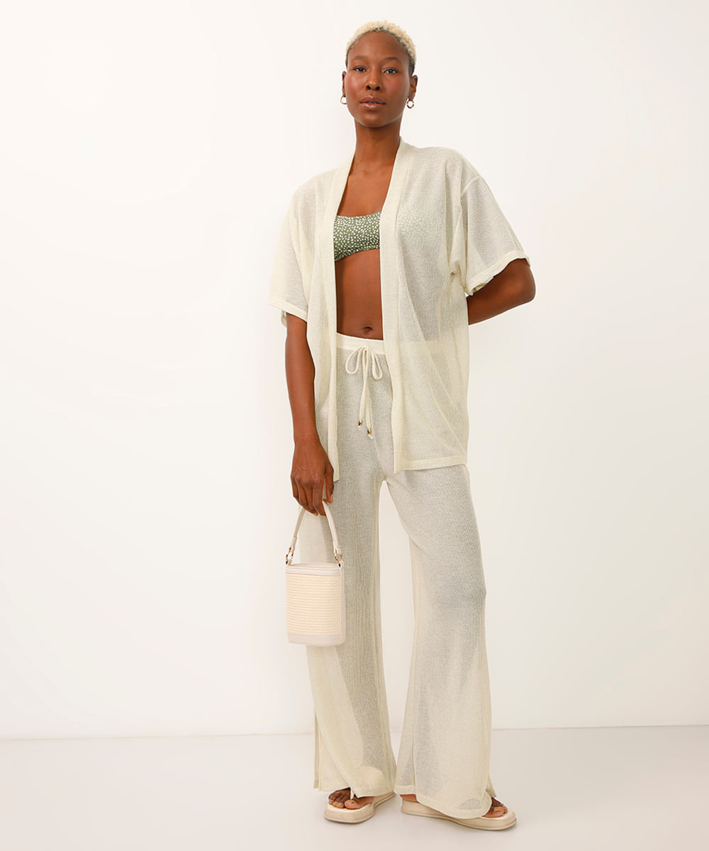 kimono saída de praia de tela com lurex bege