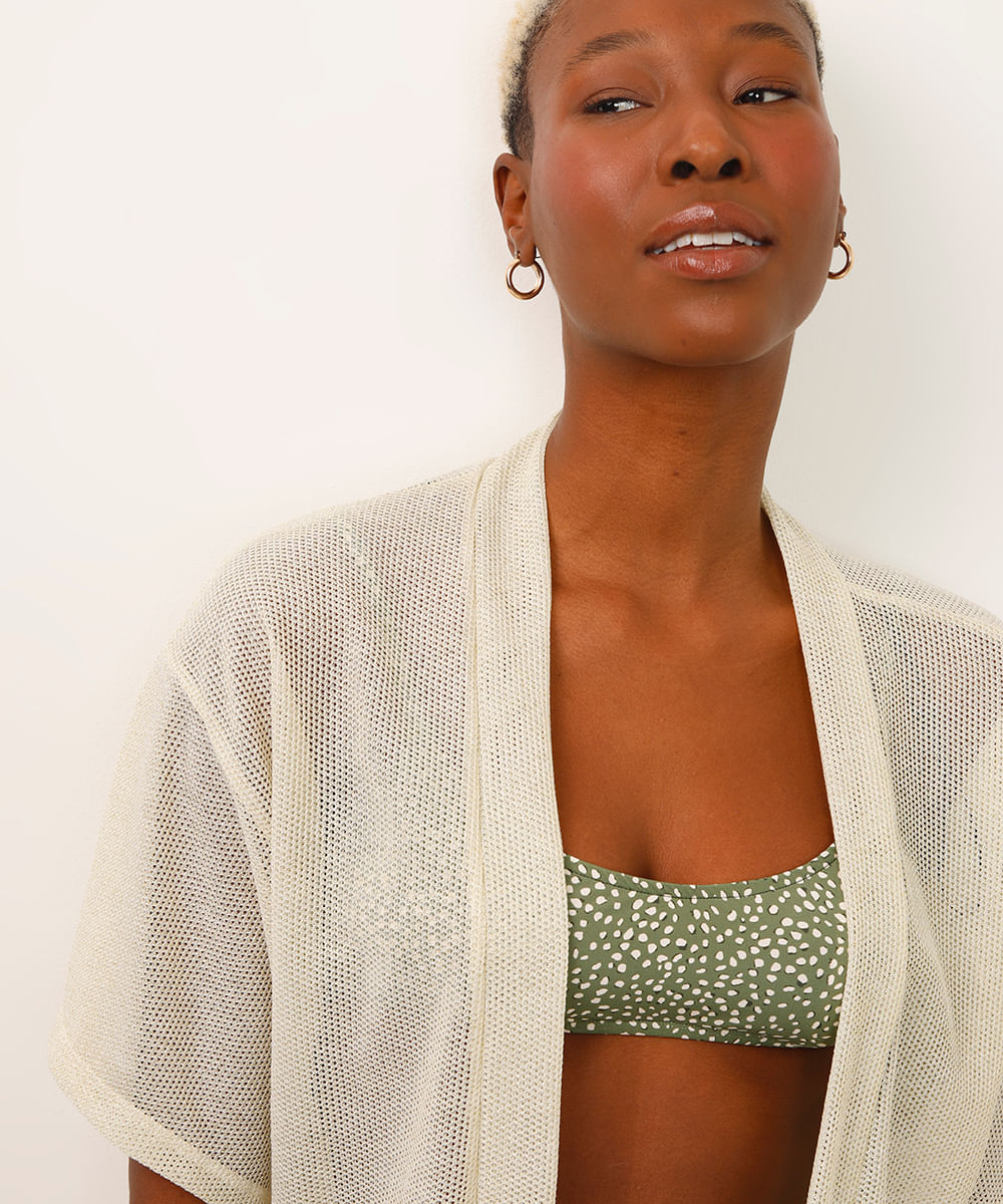 kimono saída de praia de tela com lurex bege