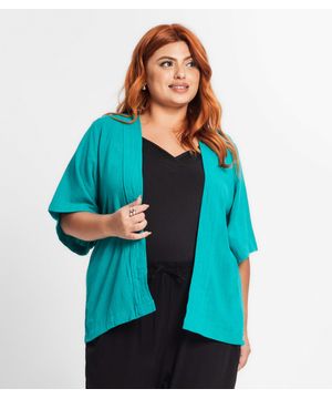 Kimono Plus Size Feminino Em Linho Secret Glam Verde