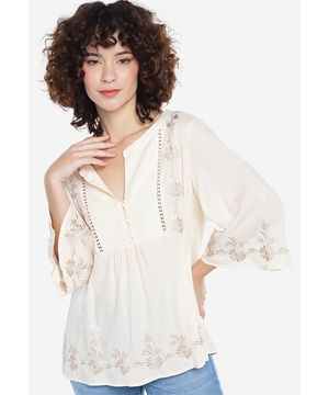 Blusa Areia em Viscose Mangas Bordada Boho Sob