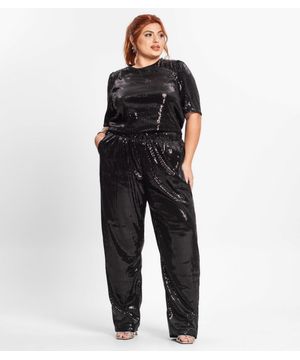 Calça Feminina Plus Size Em Paetê Secret Glam Preto