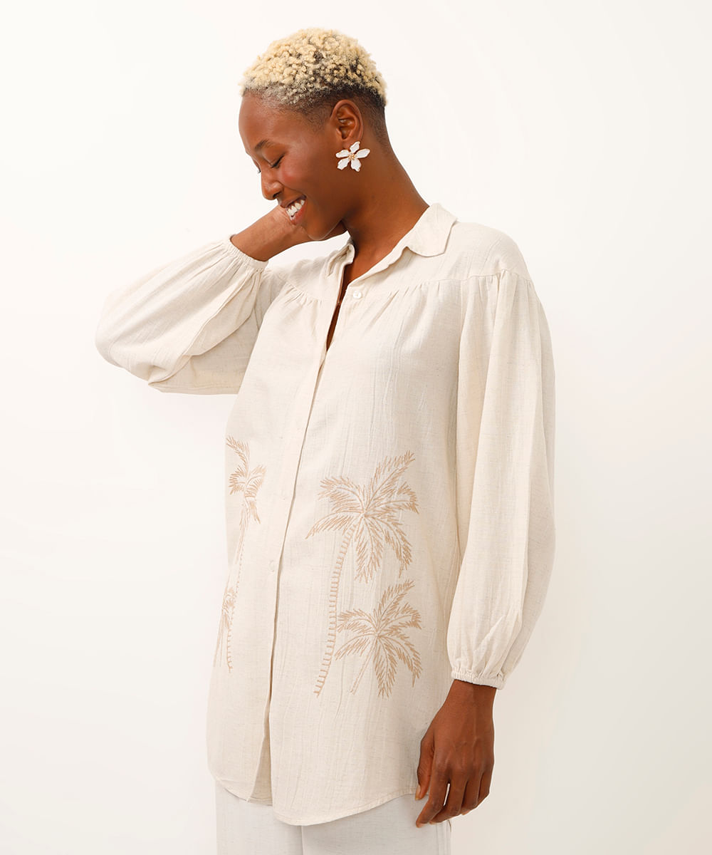 vestido chemise saída de praia com linho bege