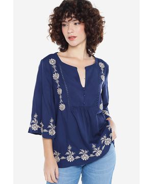 Blusa Marinho em Viscose Mangas Bordada Boho Sob