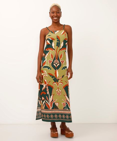 vestido midi alça fina folhagem e arabesco verde