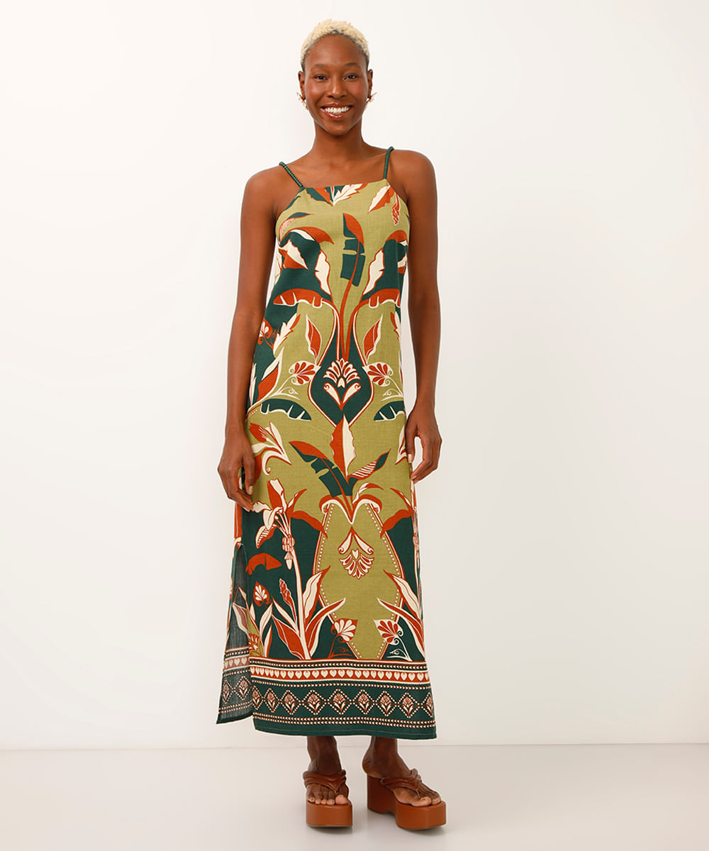 vestido midi alça fina folhagem e arabesco verde