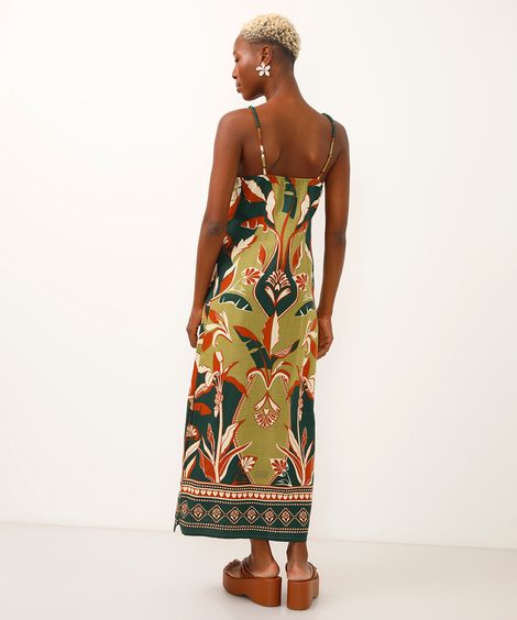 vestido midi alça fina folhagem e arabesco verde