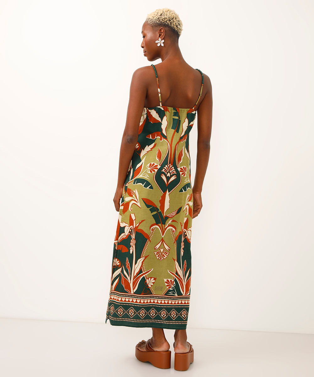 vestido midi alça fina folhagem e arabesco verde