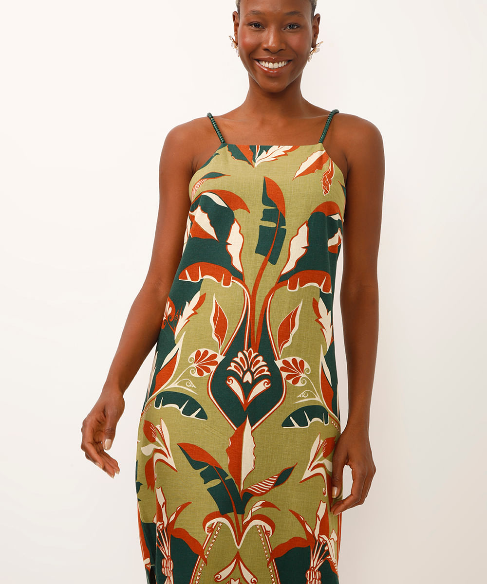vestido midi alça fina folhagem e arabesco verde