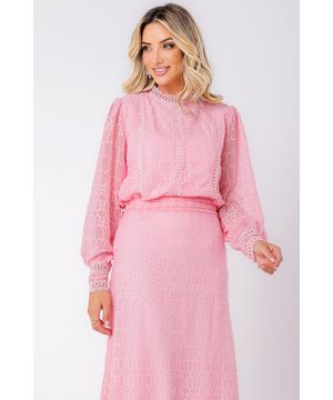 Blusa Chiffon com Renda Manga Longa Rosa