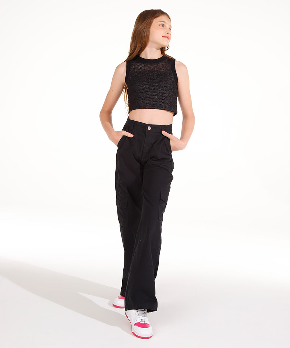 calça wide leg cargo de sarja juvenil  preto
