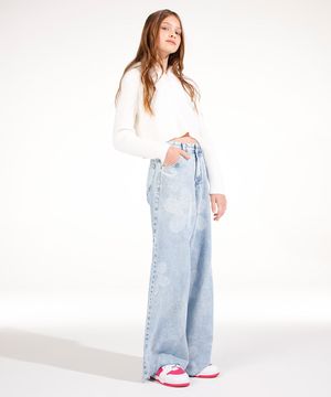 calça jeans wide leg juvenil floral azul