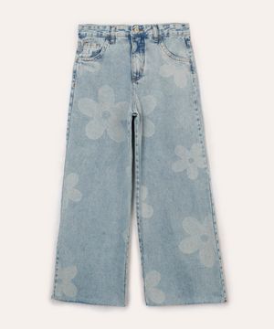 calça jeans wide leg juvenil floral azul