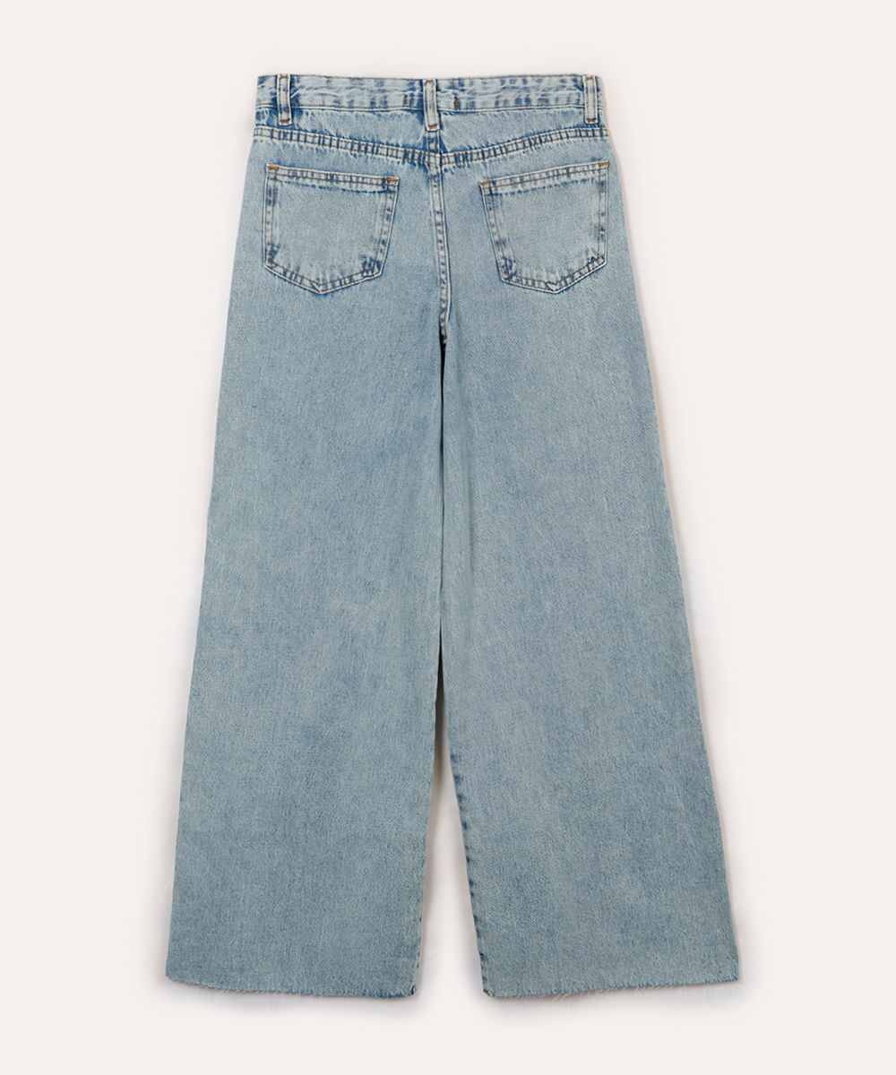 calça jeans wide leg juvenil floral azul