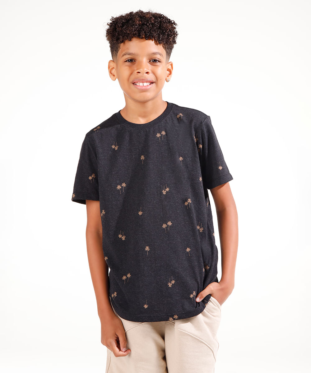 camiseta de algodão juvenil coqueiros manga curta preto