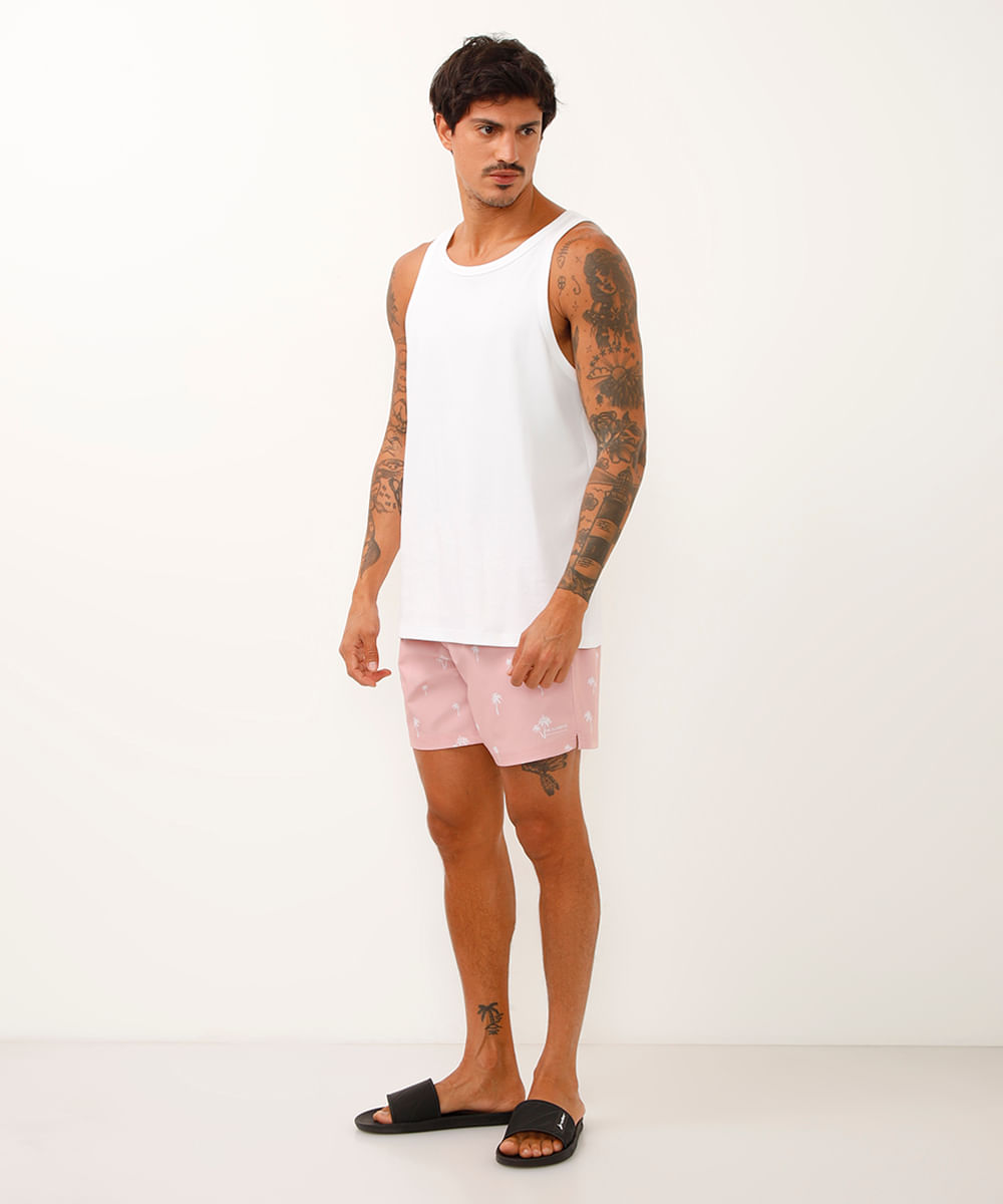 short cós com elástico e bolsos coqueiros rosa