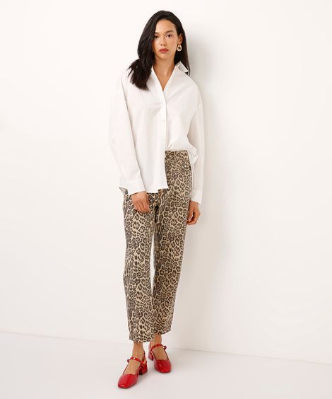 calça mom de sarja cintura super alta animal print bege