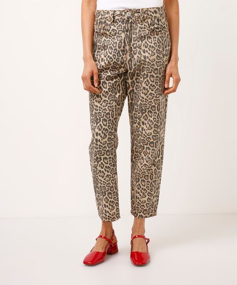 calça mom de sarja cintura super alta animal print bege