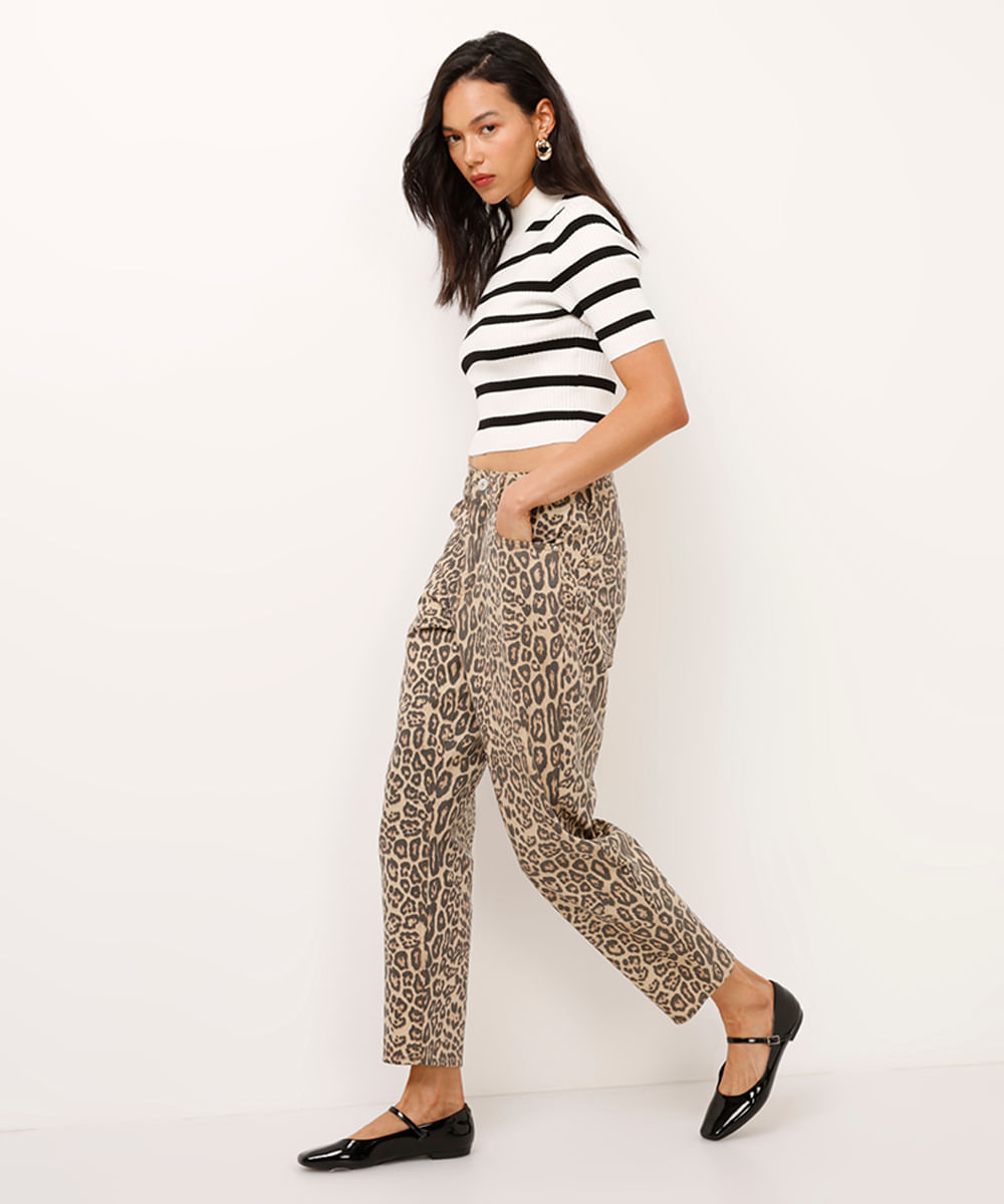 calça mom de sarja cintura super alta animal print bege