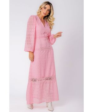 Vestido Longo Chiffon com Renda ML Rosa