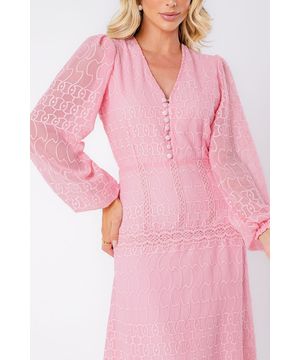 Vestido Longo Chiffon com Renda ML Rosa