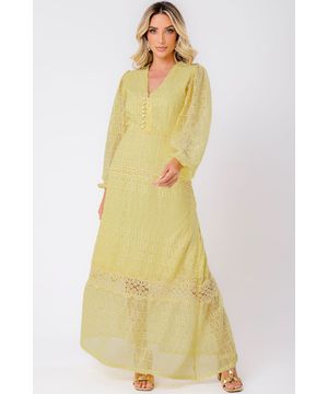 Vestido Longo Chiffon com Renda ML Amarelo