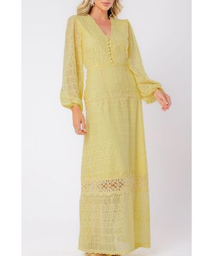 Vestido Longo Chiffon com Renda ML Amarelo