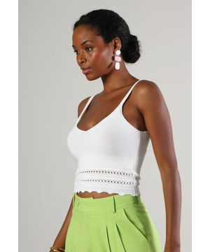 Regata Cropped em Tricot com Vazados Off White