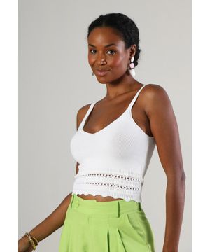 Regata Cropped em Tricot com Vazados Off White