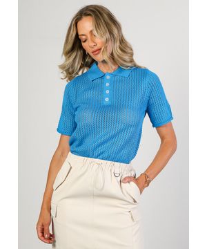 Blusa com Gola Polo em Tricot Azul