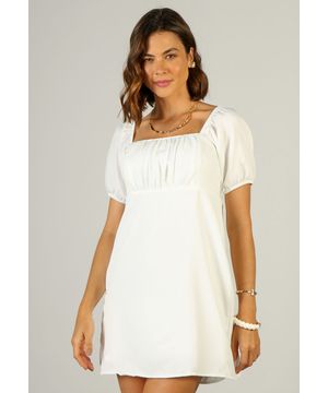 Vestido Curto Busto Franzido em Crepe Branco