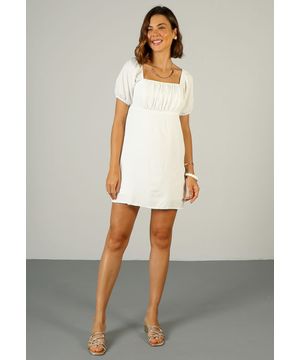 Vestido Curto Busto Franzido em Crepe Branco